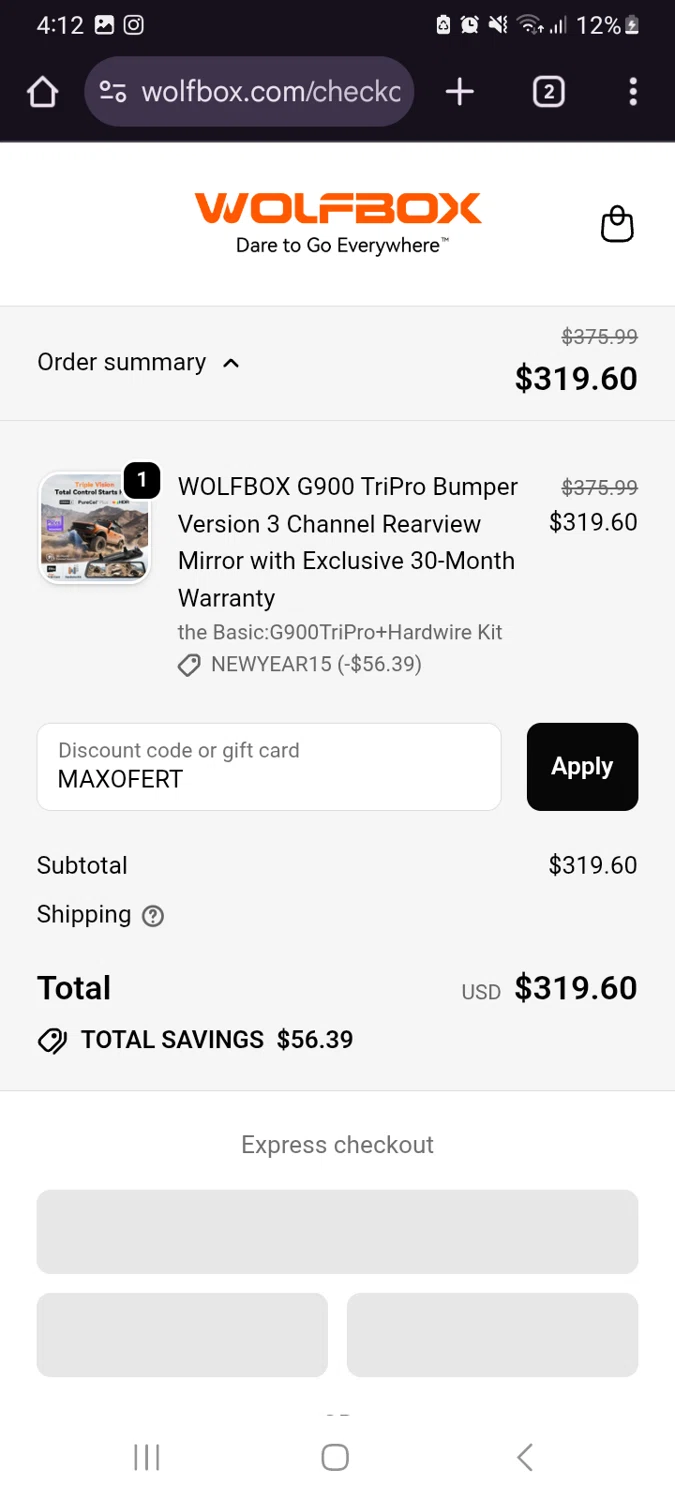 Wolfbox promo code screenshot showing code MAXOFERT applied at Wolfbox checkout page. Uploaded by SimplyCodes community member xXdevoragoticas69Xx on Jan 31, 2026