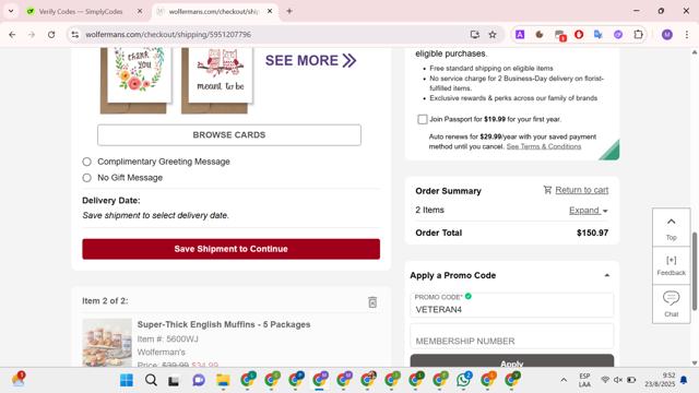 Wolferman's Bakery checkout page showing Wolferman's Bakery promo code box | Screenshot taken by SimplyCodes community member on Aug 23, 2025