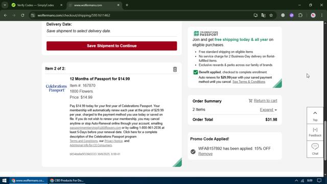 Wolferman's Bakery checkout page showing Wolferman's Bakery promo code box | Screenshot taken by SimplyCodes community member on Aug 30, 2025
