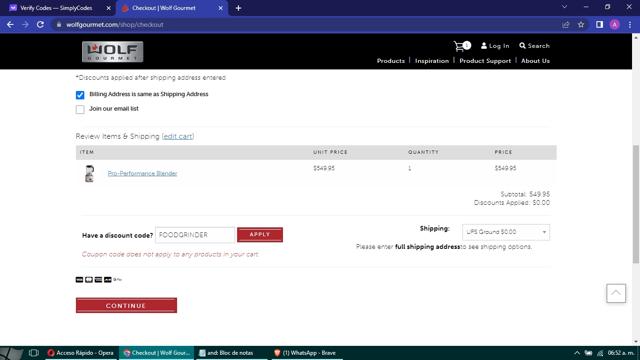 Wolf Gourmet checkout page showing Wolf Gourmet discount code box | Screenshot taken by SimplyCodes community member on Aug 10, 2023