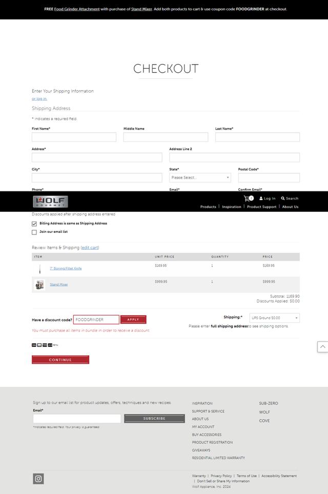 Wolf Gourmet checkout page showing Wolf Gourmet discount code box | Screenshot taken by SimplyCodes community member on Feb 7, 2024