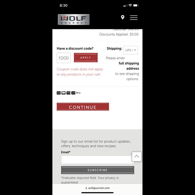 Wolf Gourmet checkout page showing Wolf Gourmet discount code box | Screenshot taken by SimplyCodes community member on Sep 8, 2023