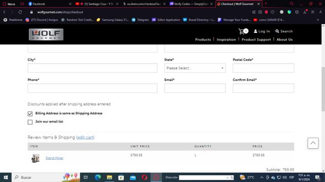 Wolf Gourmet checkout page showing Wolf Gourmet discount code box | Screenshot taken by SimplyCodes community member on Jan 9, 2024