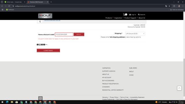 Wolf Gourmet checkout page showing Wolf Gourmet discount code box | Screenshot taken by SimplyCodes community member on Dec 2, 2024