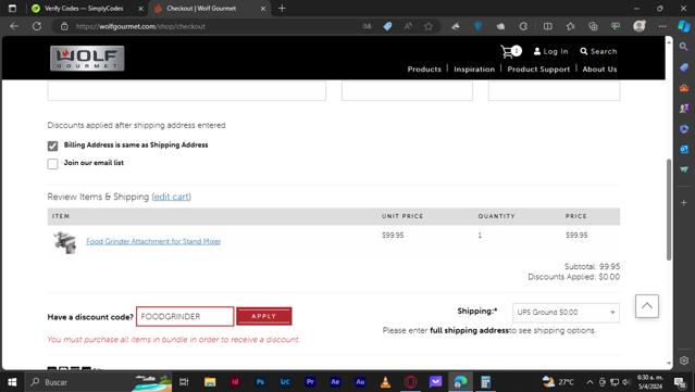 Wolf Gourmet checkout page showing Wolf Gourmet discount code box | Screenshot taken by SimplyCodes community member on Apr 5, 2024