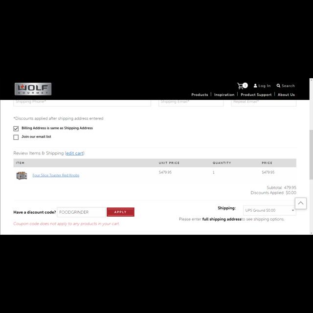 Wolf Gourmet checkout page showing Wolf Gourmet discount code box | Screenshot taken by SimplyCodes community member on Sep 8, 2023