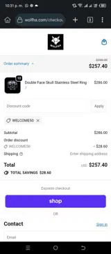 WELCOME50 coupon verification screenshot