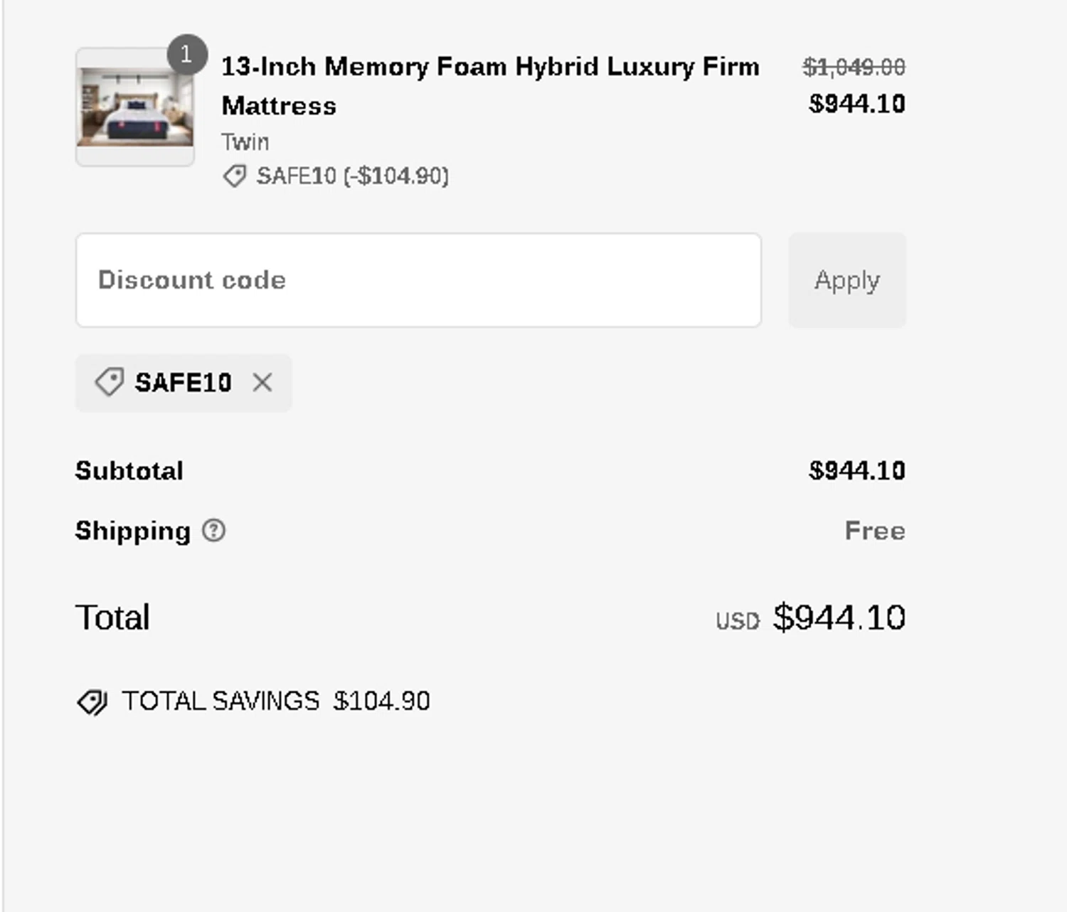 Wolf Mattress promo code screenshot showing code safe10 applied at Wolf Mattress checkout page. Uploaded by SimplyCodes community member Netheryno on Jan 19, 2025