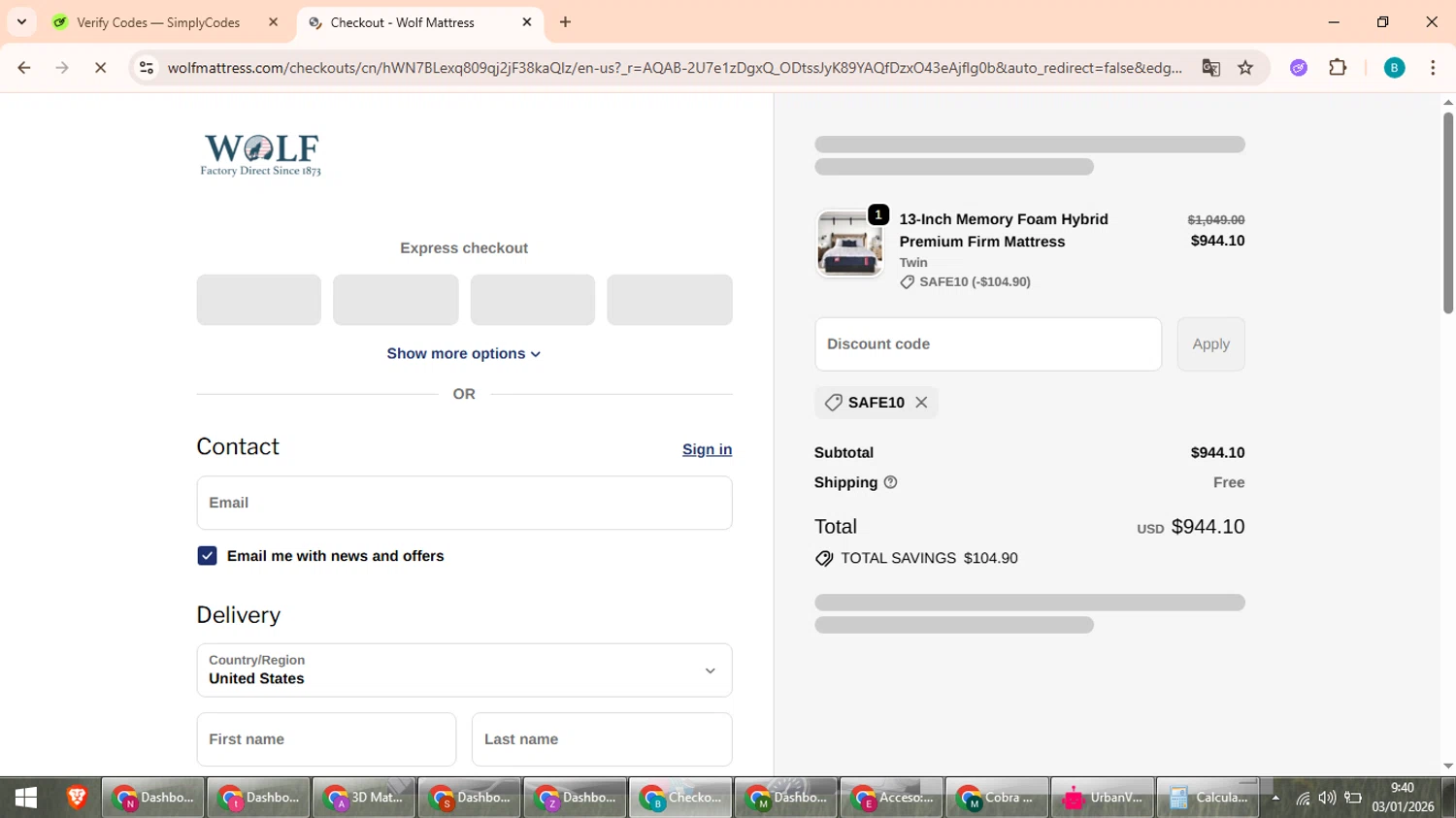 Wolf Mattress checkout page showing Wolf Mattress promo code box | Screenshot taken by SimplyCodes community member on Jan 3, 2026