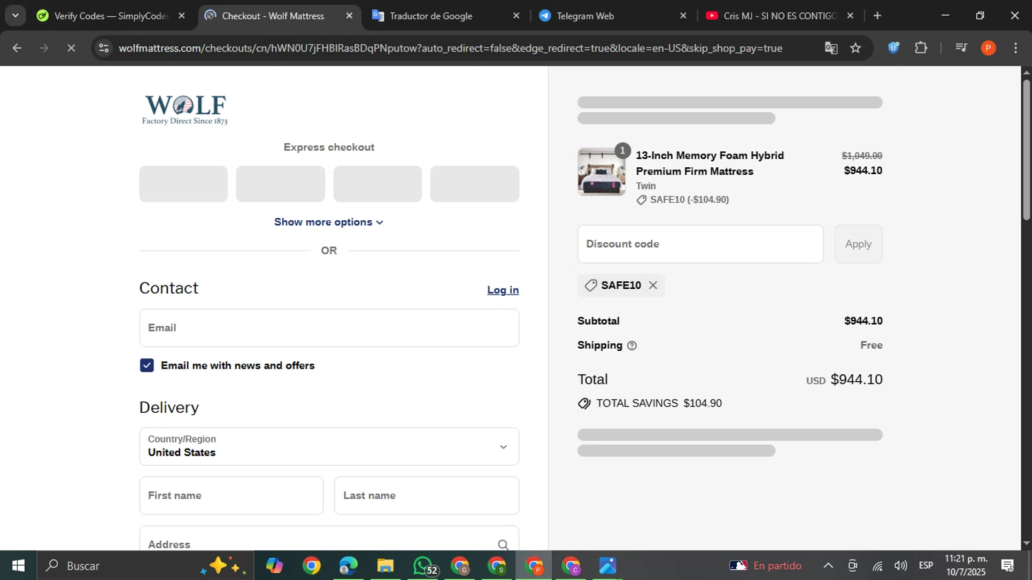 Wolf Mattress promo code screenshot showing code safe10 applied at Wolf Mattress checkout page. Uploaded by SimplyCodes community member VictoriousCaptain2658 on Jul 11, 2025