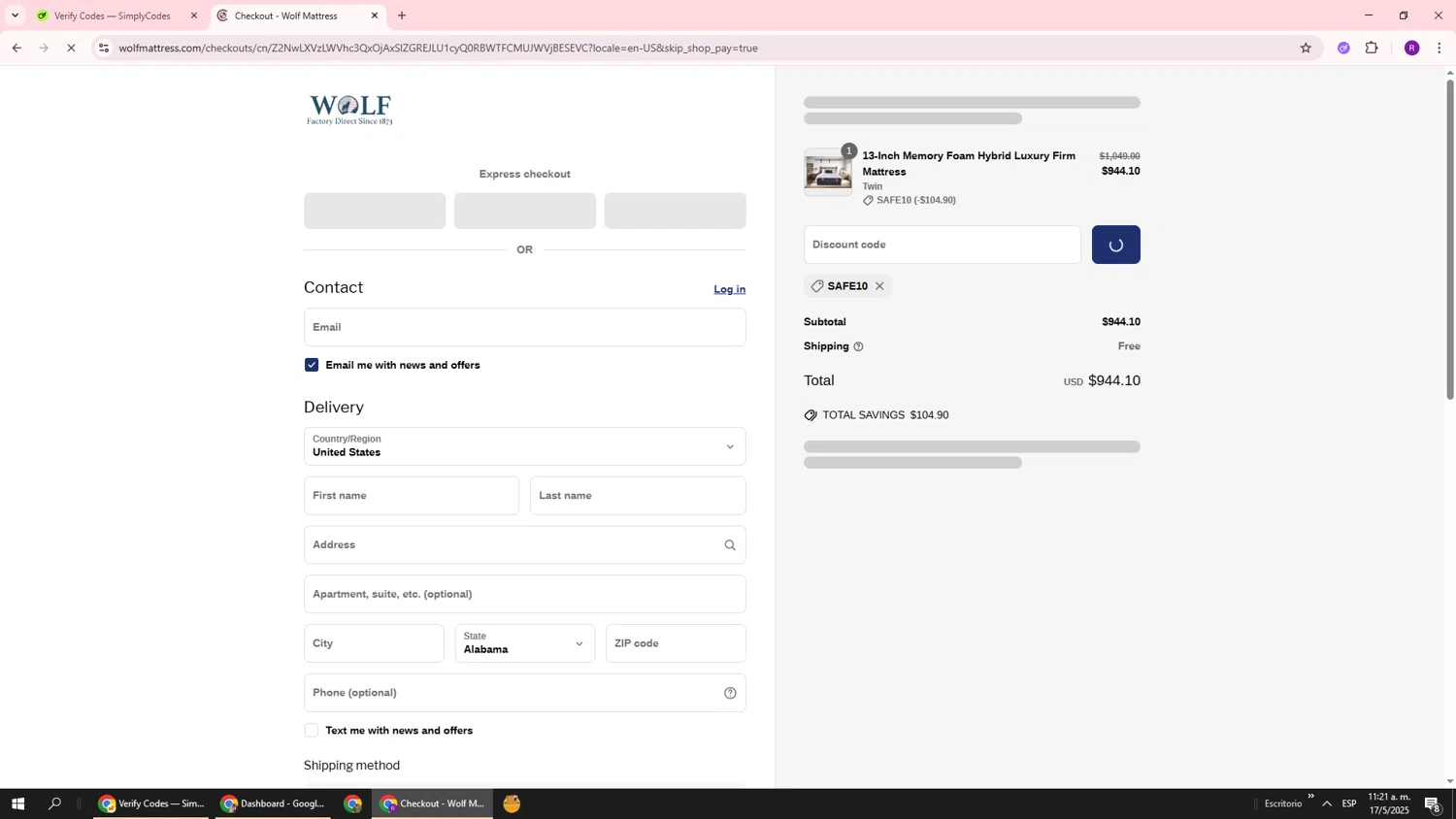 Wolf Mattress promo code screenshot showing code safe10 applied at Wolf Mattress checkout page. Uploaded by SimplyCodes community member ukemochi on May 17, 2025