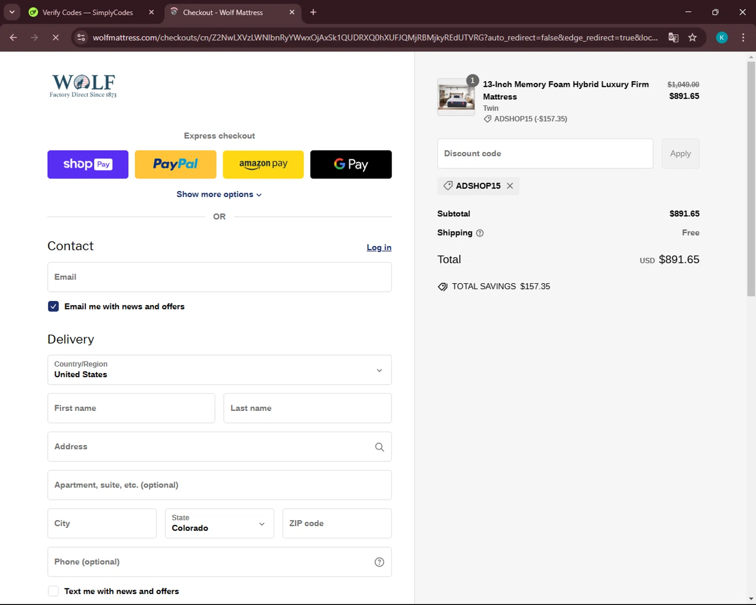 Wolf Mattress promo code screenshot showing code ADSHOP15 applied at Wolf Mattress checkout page. Uploaded by SimplyCodes community member VoucherSleuth3236 on Feb 22, 2025
