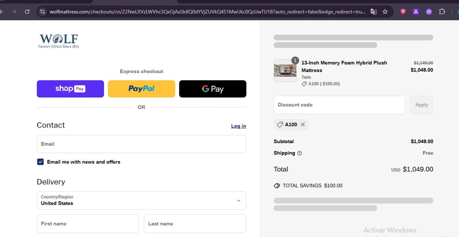 Wolf Mattress promo code screenshot showing code A100 applied at Wolf Mattress checkout page. Uploaded by SimplyCodes community member GloriousWizard8260 on May 30, 2025