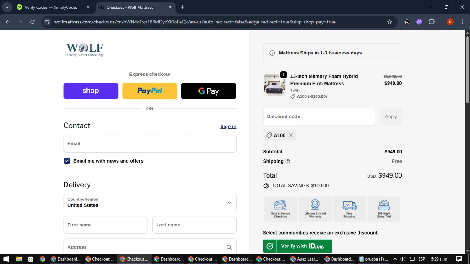 Wolf Mattress promo code screenshot showing code A100 applied at Wolf Mattress checkout page. Uploaded by SimplyCodes community member MagnificentScout194 on Oct 28, 2025