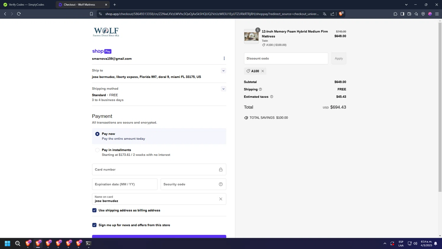 Wolf Mattress promo code screenshot showing code A100 applied at Wolf Mattress checkout page. Uploaded by SimplyCodes community member diosgreed2030 on Mar 4, 2025