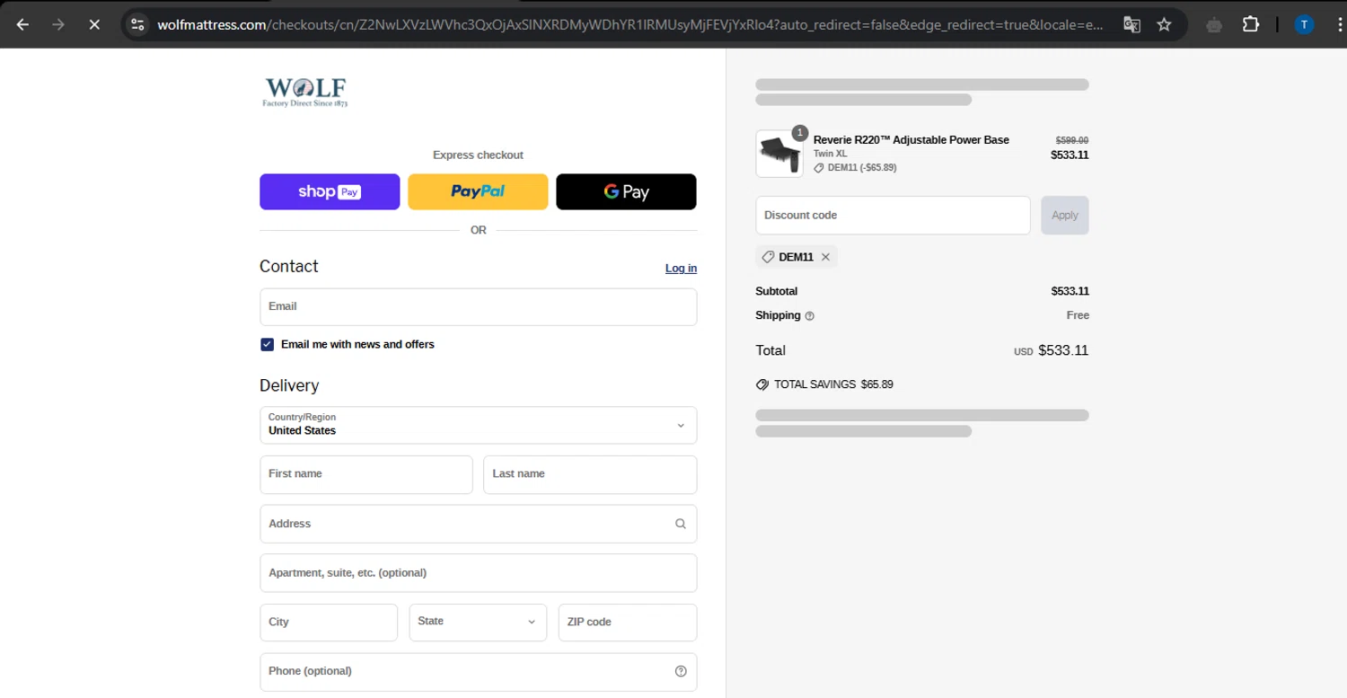 Wolf Mattress promo code screenshot showing code DEM11 applied at Wolf Mattress checkout page. Uploaded by SimplyCodes community member PrimeTitan1837 on Apr 27, 2025