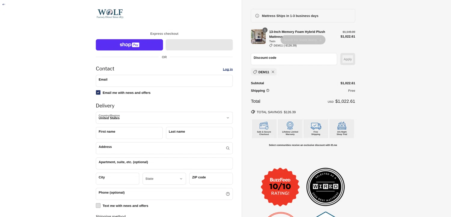 Wolf Mattress promo code screenshot showing code DEM11 applied at Wolf Mattress checkout page. Uploaded by SimplyCodes community member PromoElite4745 on Apr 8, 2025