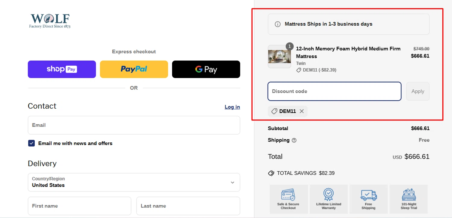 Wolf Mattress promo code screenshot showing code DEM11 applied at Wolf Mattress checkout page. Uploaded by SimplyCodes community member Swiftdealz on Apr 8, 2025