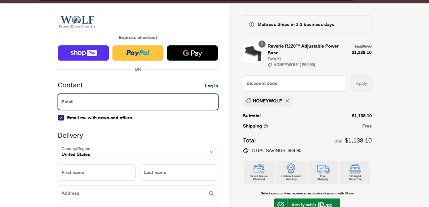 Wolf Mattress promo code screenshot showing code HONEYWOLF applied at Wolf Mattress checkout page. Uploaded by SimplyCodes community member juanisaac on Jul 13, 2025