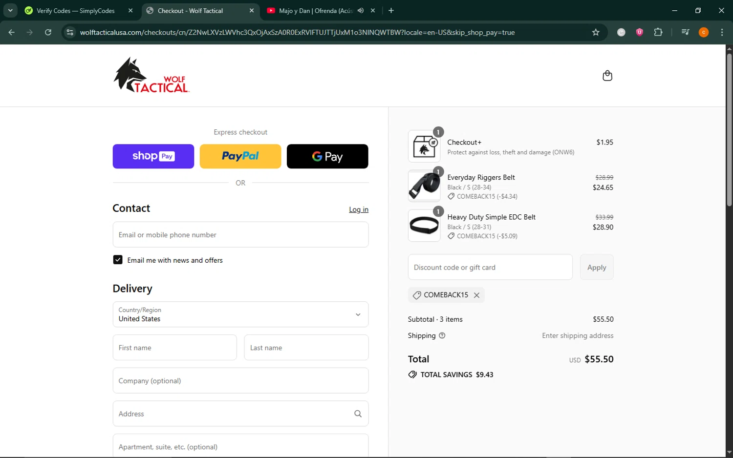 Wolf Tactical discount code screenshot showing code COMEBACK15 applied at Wolf Tactical checkout page. Uploaded by SimplyCodes community member ShrewdCaptain9911 on Jul 14, 2025