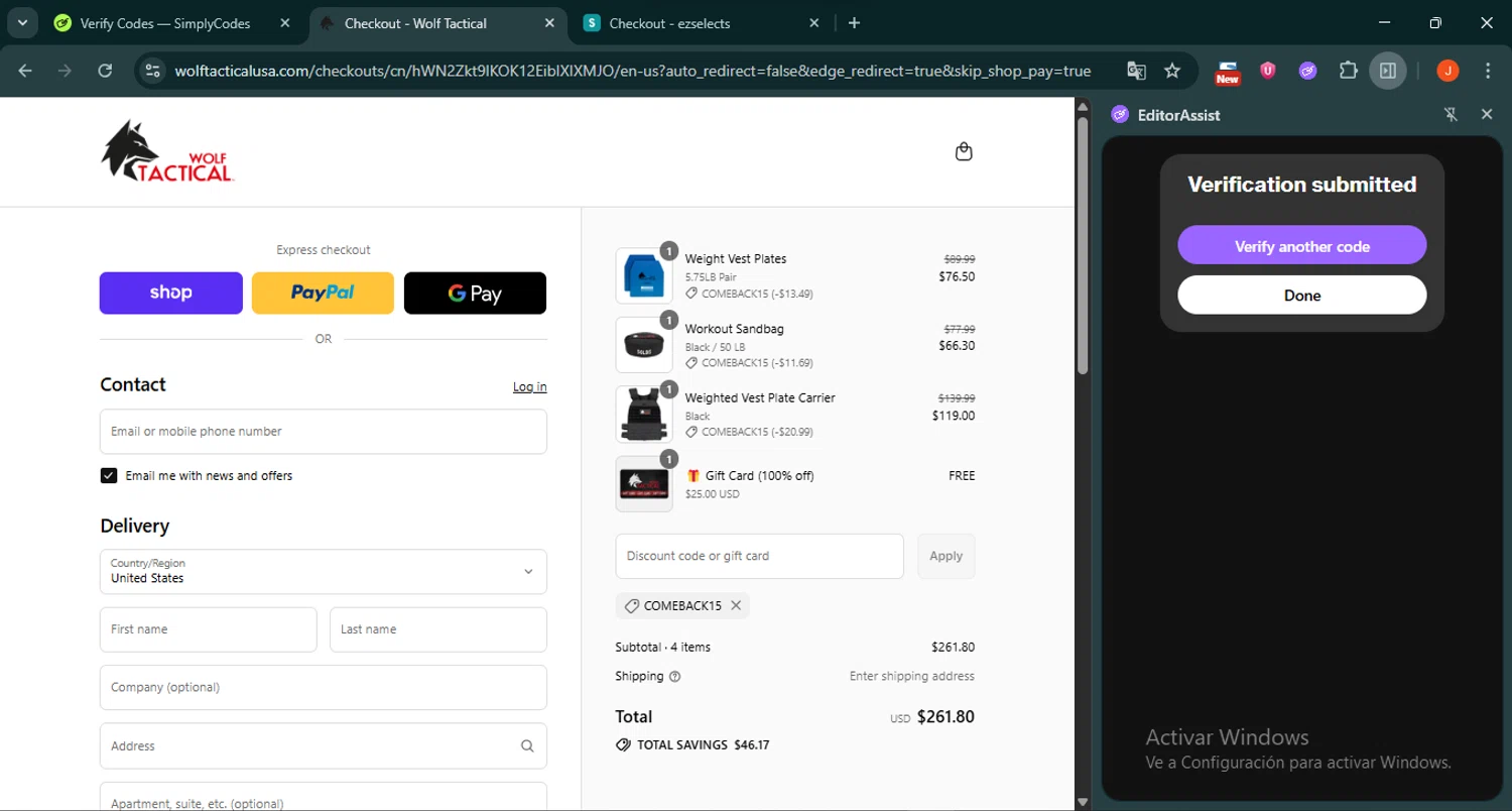 Wolf Tactical discount code screenshot showing code COMEBACK15 applied at Wolf Tactical checkout page. Uploaded by SimplyCodes community member SilverRanger658 on Sep 4, 2025