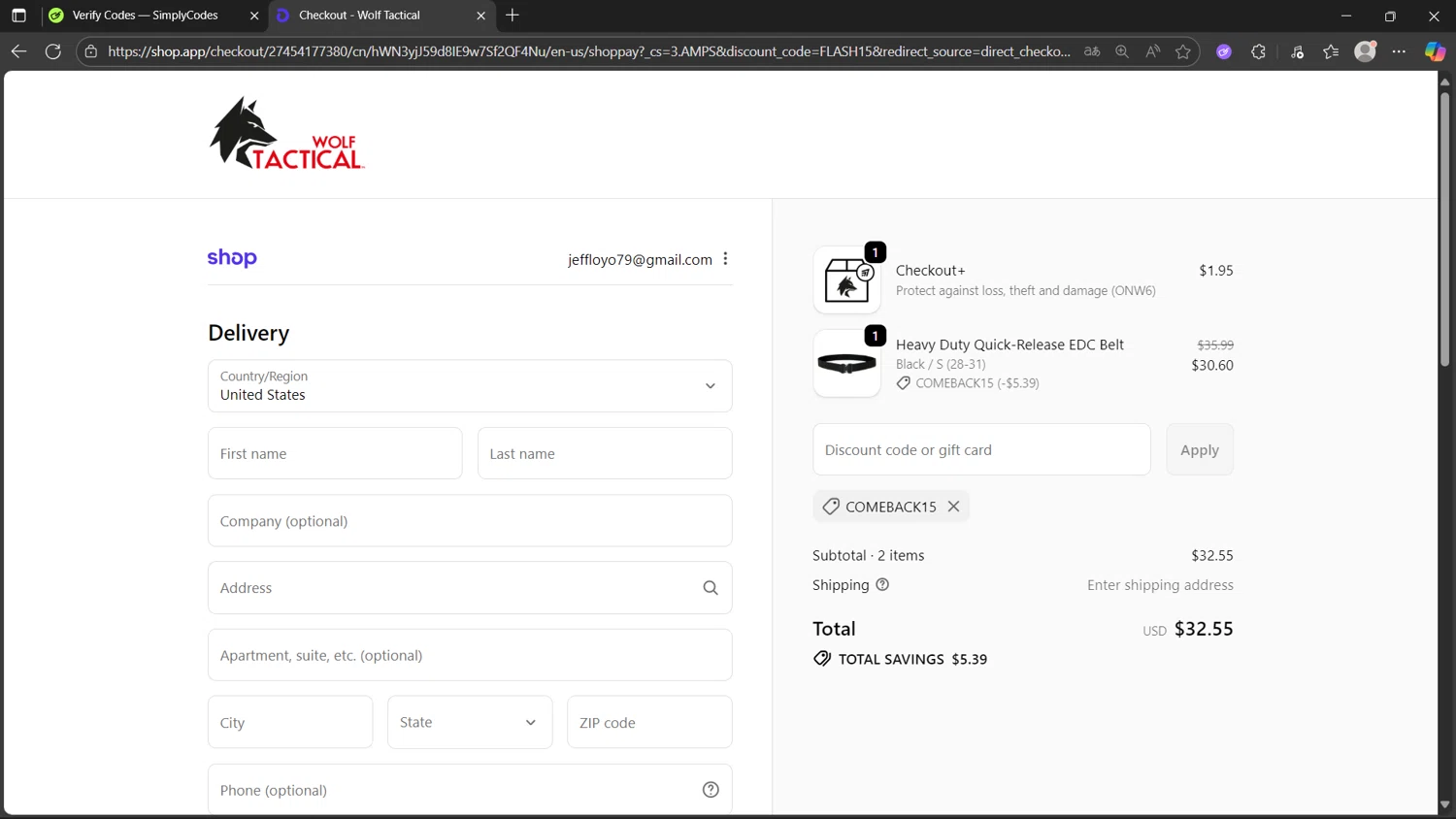 Wolf Tactical discount code screenshot showing code COMEBACK15 applied at Wolf Tactical checkout page. Uploaded by SimplyCodes community member Sisisiisi on Oct 11, 2025