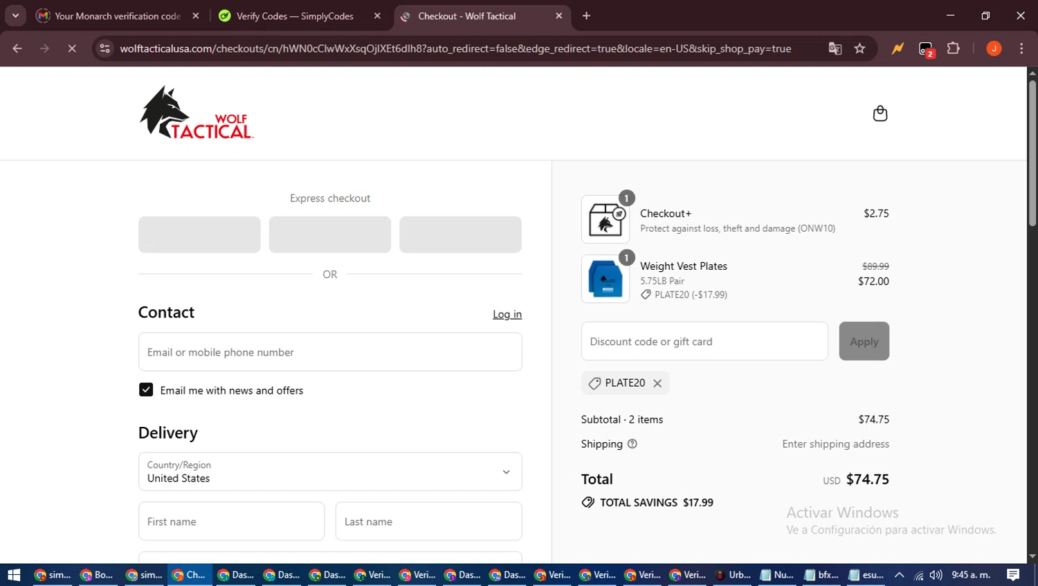 Wolf Tactical discount code screenshot showing code PLATE20 applied at Wolf Tactical checkout page. Uploaded by SimplyCodes community member NobleAce2304 on Jul 14, 2025