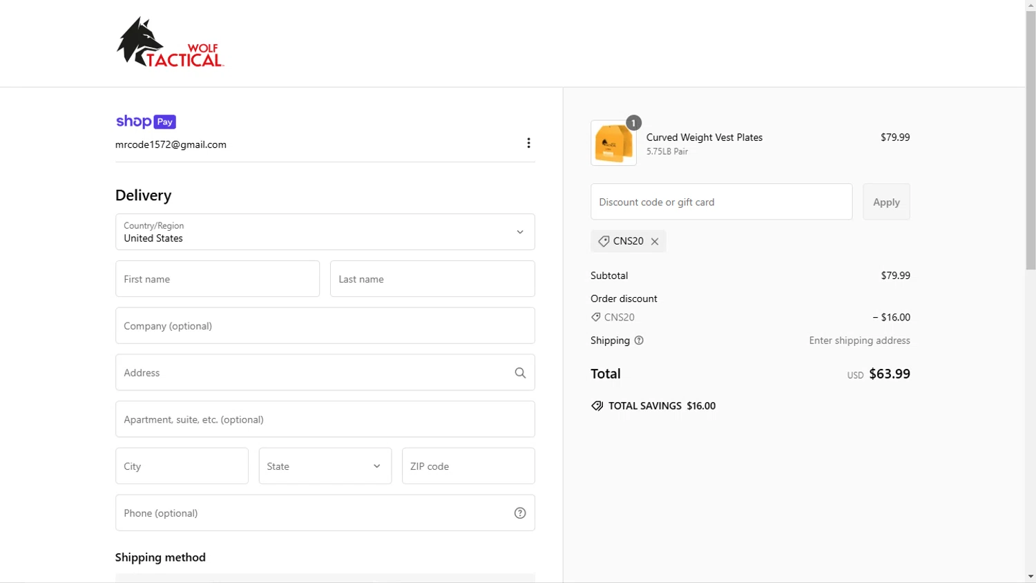 Wolf Tactical discount code screenshot showing code CNS20 applied at Wolf Tactical checkout page. Uploaded by SimplyCodes community member TokioMiller on Feb 14, 2025