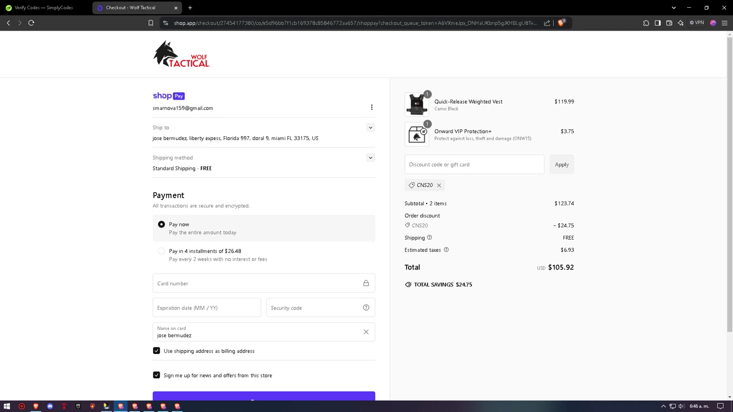 Wolf Tactical discount code screenshot showing code CNS20 applied at Wolf Tactical checkout page. Uploaded by SimplyCodes community member jakycham2020 on Jan 16, 2025