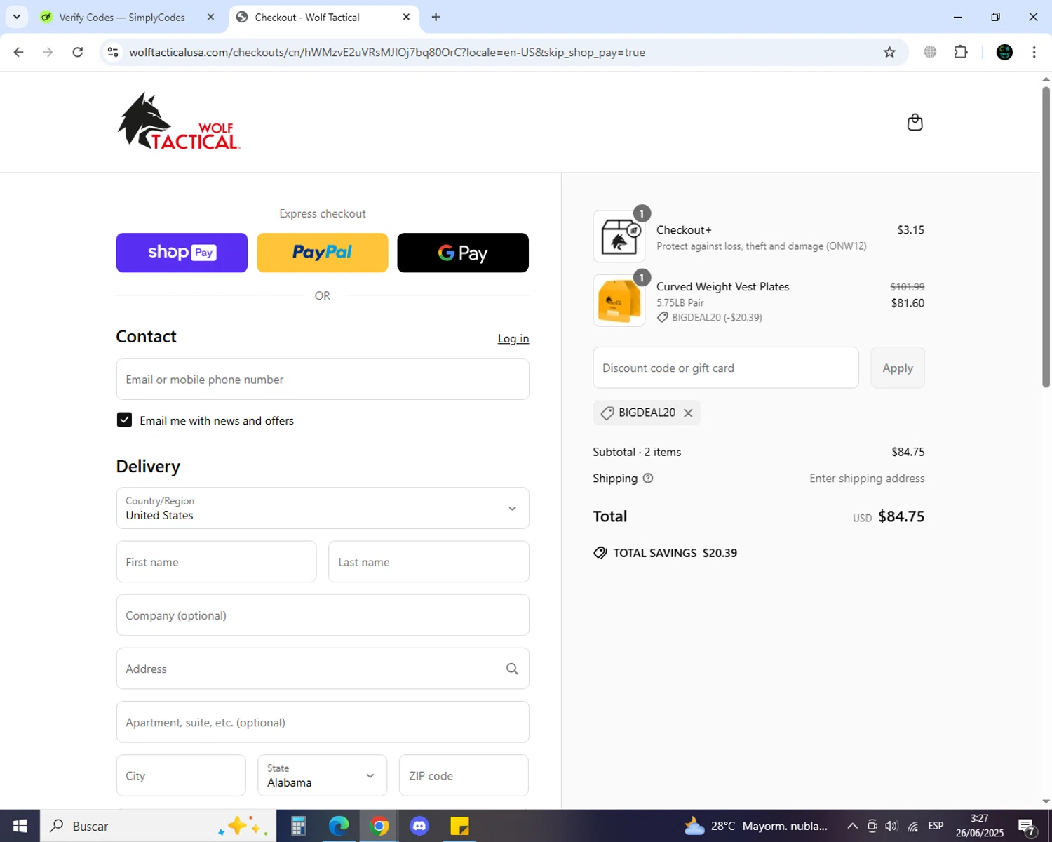 Wolf Tactical discount code screenshot showing code BIGDEAL20 applied at Wolf Tactical checkout page. Uploaded by SimplyCodes community member GoldSaver5472 on Jun 26, 2025