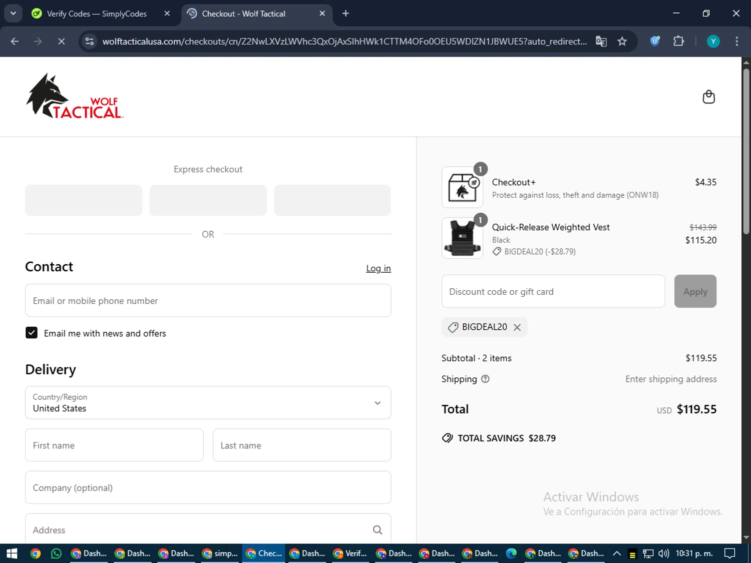 Wolf Tactical discount code screenshot showing code BIGDEAL20 applied at Wolf Tactical checkout page. Uploaded by SimplyCodes community member RoyalEagle4794 on Jun 12, 2025