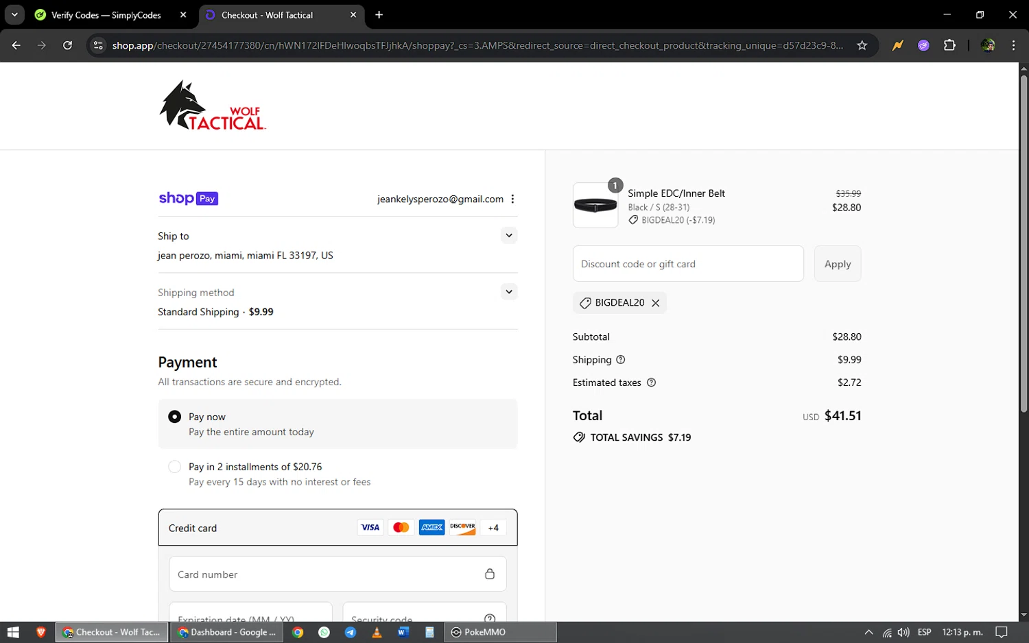 Wolf Tactical discount code screenshot showing code BIGDEAL20 applied at Wolf Tactical checkout page. Uploaded by SimplyCodes community member yonaiker on Jul 27, 2025