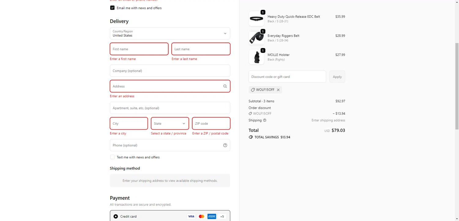 Wolf Tactical discount code screenshot showing code WOLF15OFF applied at Wolf Tactical checkout page. Uploaded by SimplyCodes community member ValiantAce1810 on Oct 15, 2025