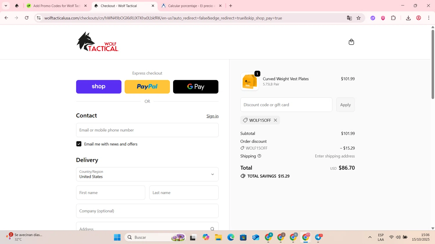 Wolf Tactical discount code screenshot showing code WOLF15OFF applied at Wolf Tactical checkout page. Uploaded by SimplyCodes community member MightyMaestro2589 on Oct 15, 2025