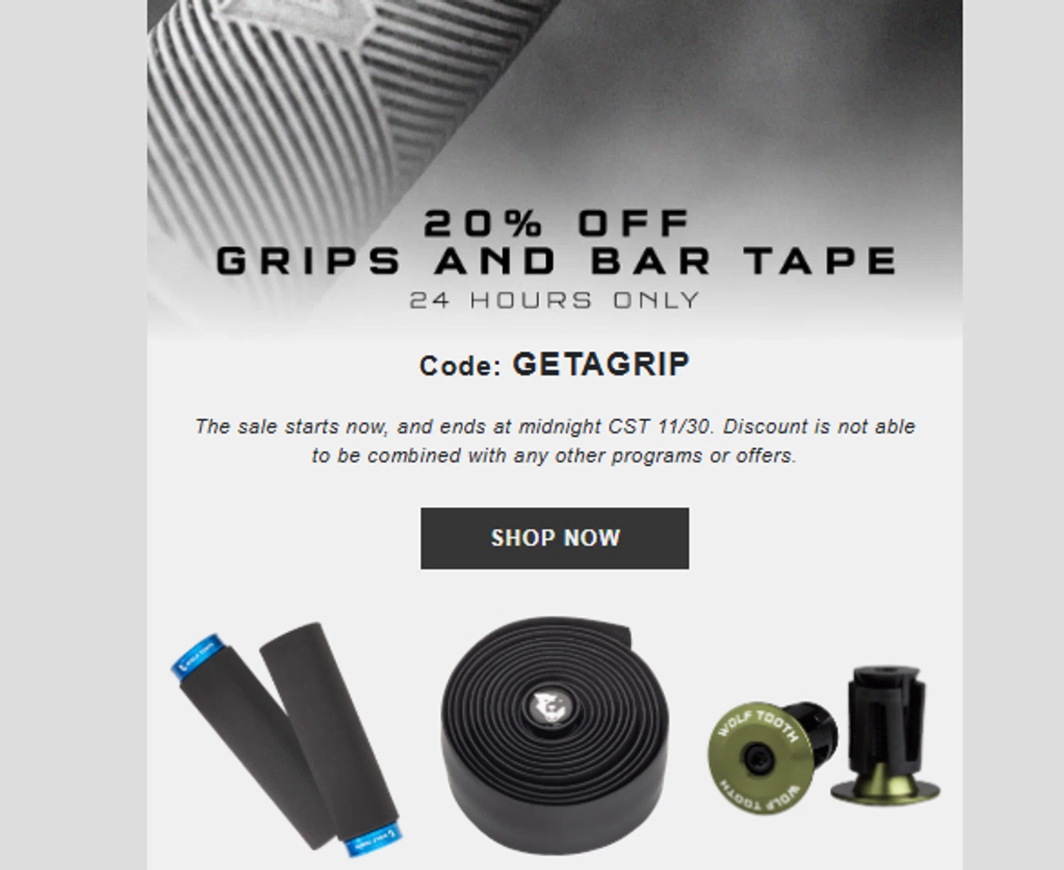 Wolf Tooth discount code screenshot showing code GETAGRIP applied at Wolf Tooth checkout page. Uploaded by SimplyCodes community member ______________ on Nov 30, 2025