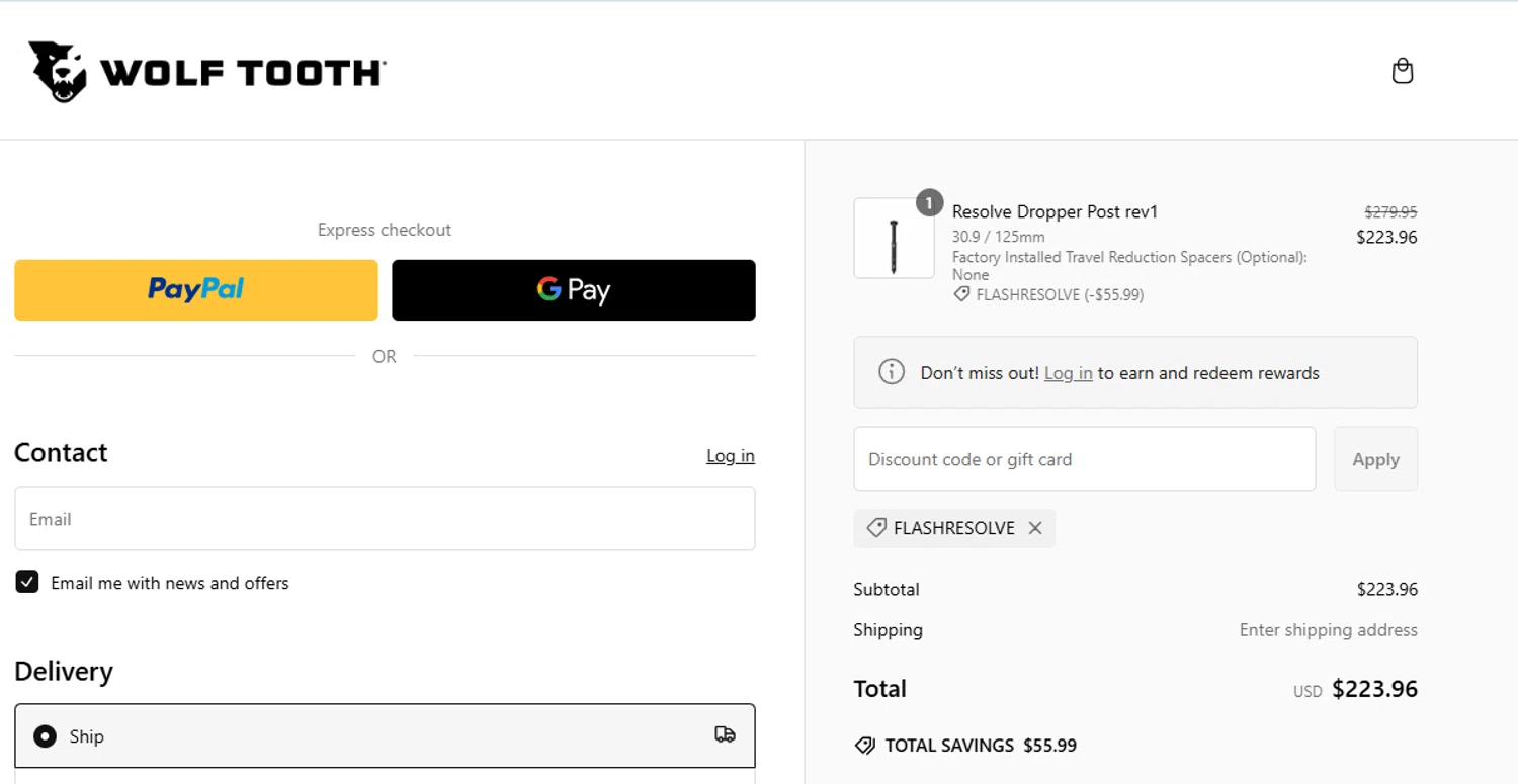 Wolf Tooth checkout page showing Wolf Tooth discount code box | Screenshot taken by SimplyCodes community member on Feb 16, 2025