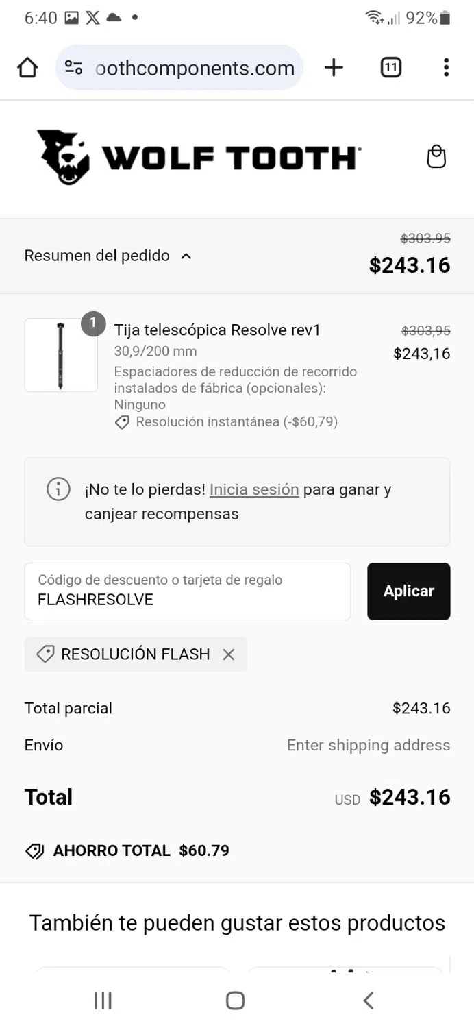Wolf Tooth checkout page showing Wolf Tooth discount code box | Screenshot taken by SimplyCodes community member on Dec 31, 2024