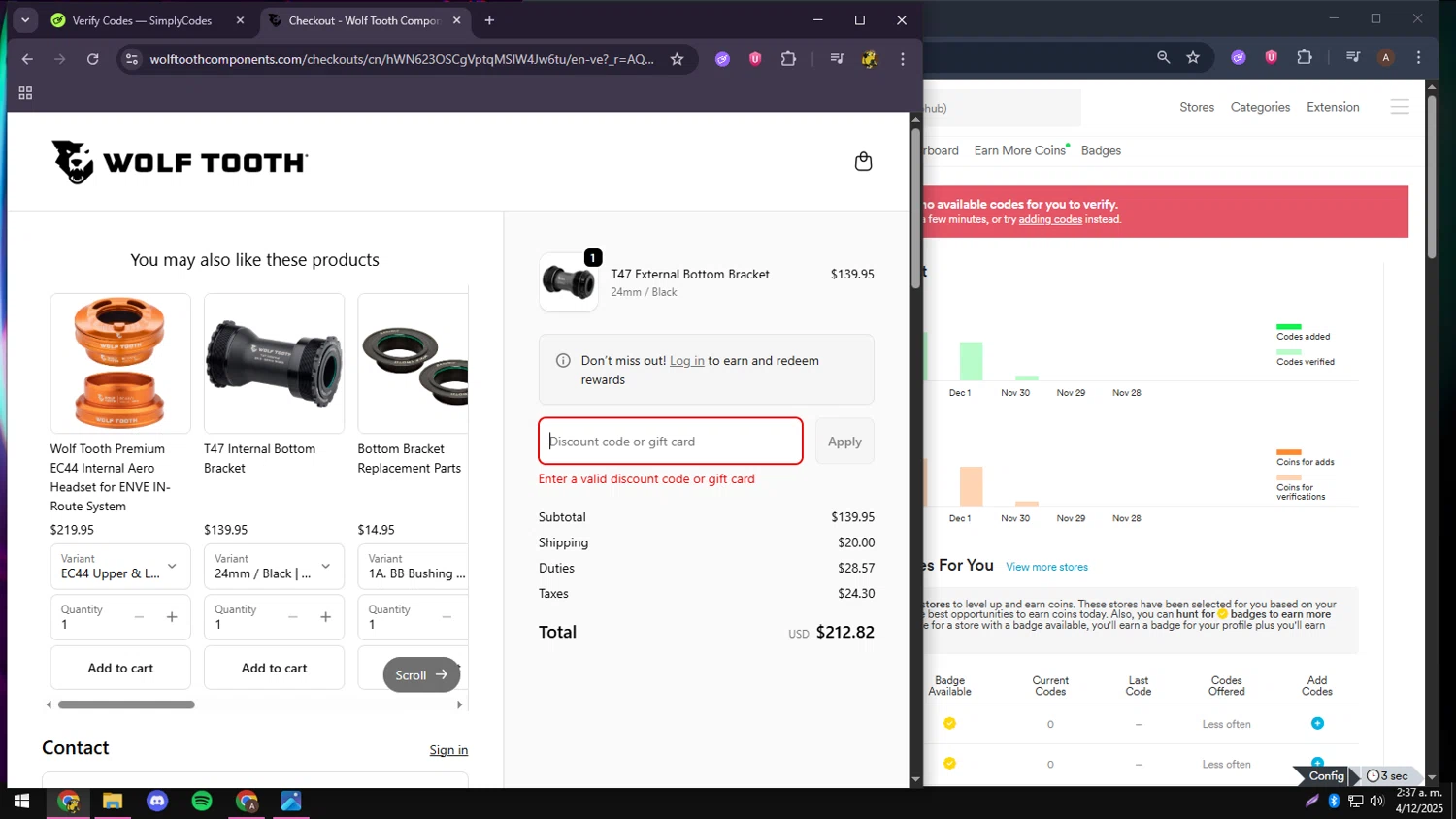 Wolf Tooth discount code screenshot showing code SENDIT applied at Wolf Tooth checkout page. Uploaded by SimplyCodes community member CrownCollector9208 on Dec 4, 2025