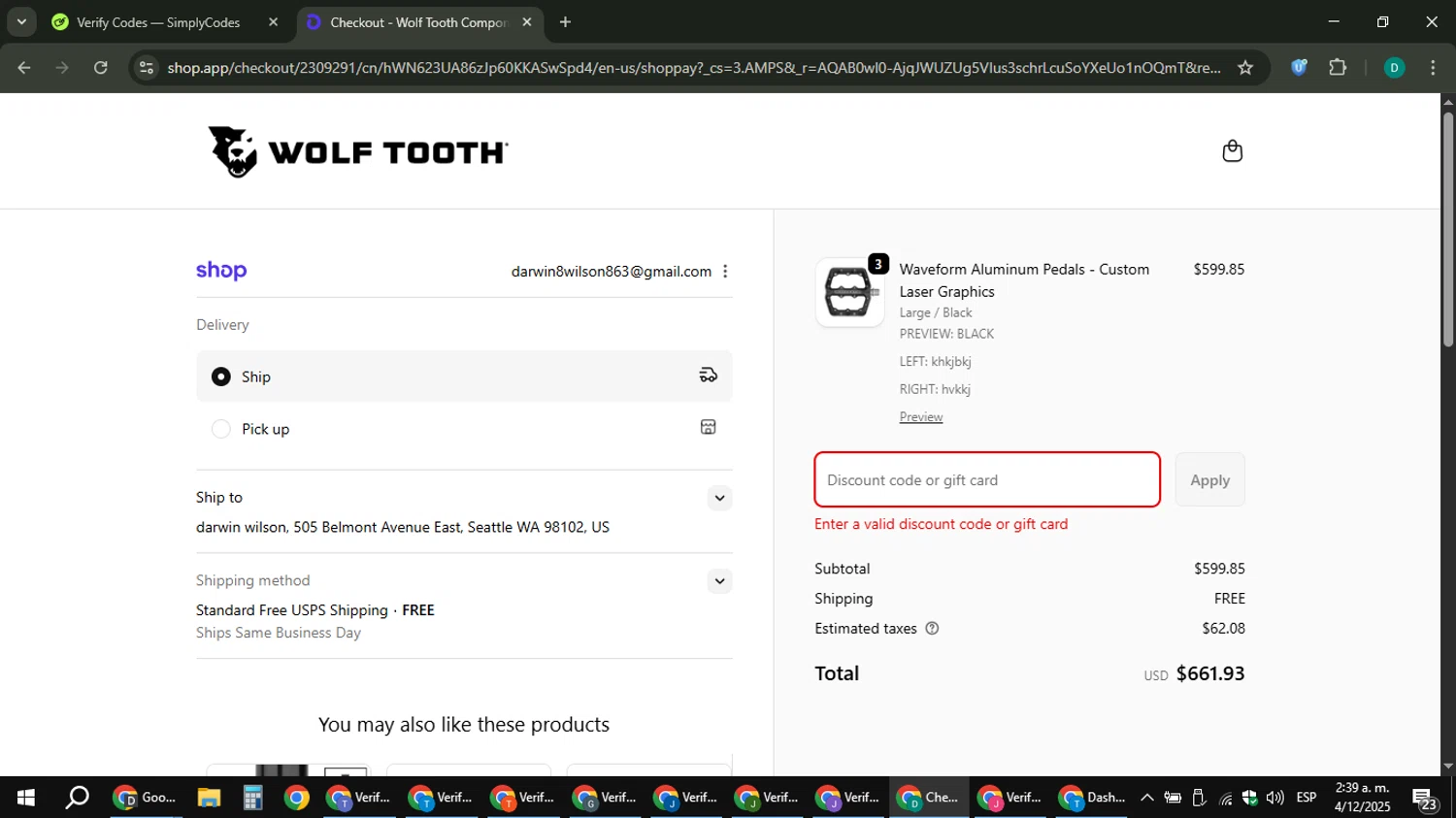 Wolf Tooth discount code screenshot showing code SENDIT applied at Wolf Tooth checkout page. Uploaded by SimplyCodes community member ThriftyLion6776 on Dec 4, 2025