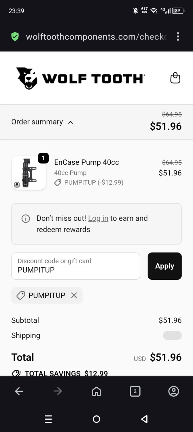 Wolf Tooth discount code screenshot showing code PUMPITUP applied at Wolf Tooth checkout page. Uploaded by SimplyCodes community member Olivatle37 on Nov 29, 2025