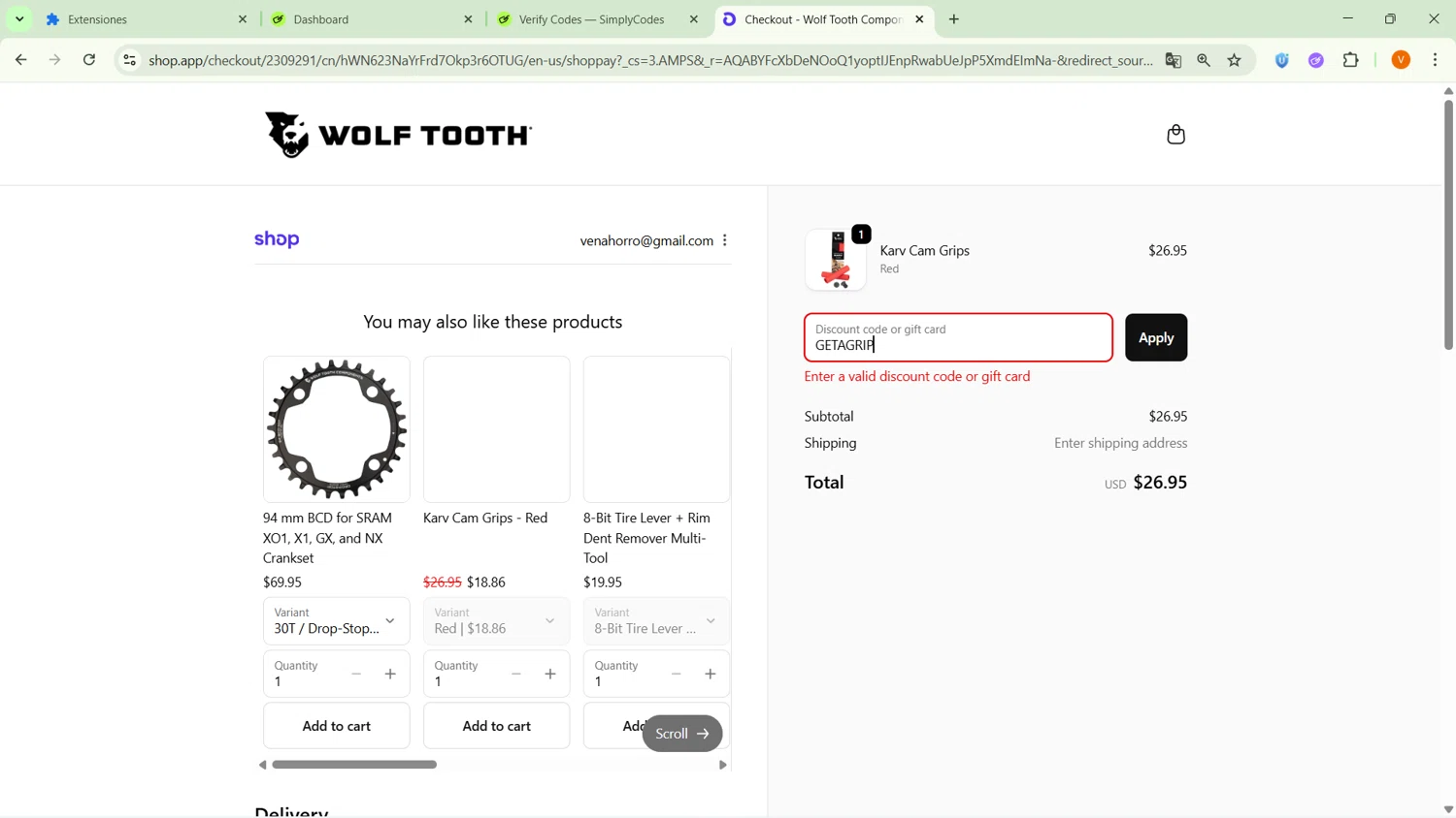 Wolf Tooth discount code screenshot showing code GETAGRIP applied at Wolf Tooth checkout page. Uploaded by SimplyCodes community member ExtraordinarySaver9637 on Dec 4, 2025