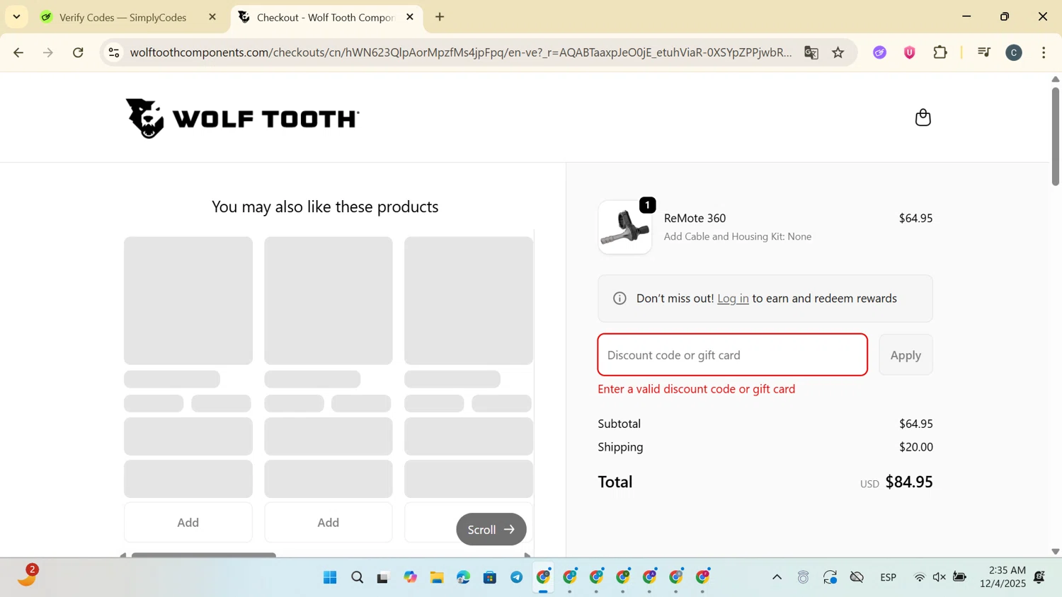 Wolf Tooth discount code screenshot showing code DROPPING applied at Wolf Tooth checkout page. Uploaded by SimplyCodes community member SaleVirtuoso3791 on Dec 4, 2025