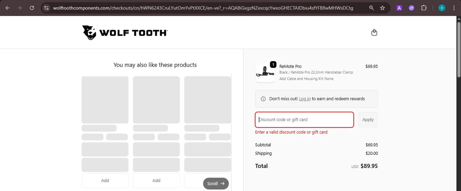 Wolf Tooth discount code screenshot showing code DROPPING applied at Wolf Tooth checkout page. Uploaded by SimplyCodes community member ValiantChaser7723 on Dec 4, 2025