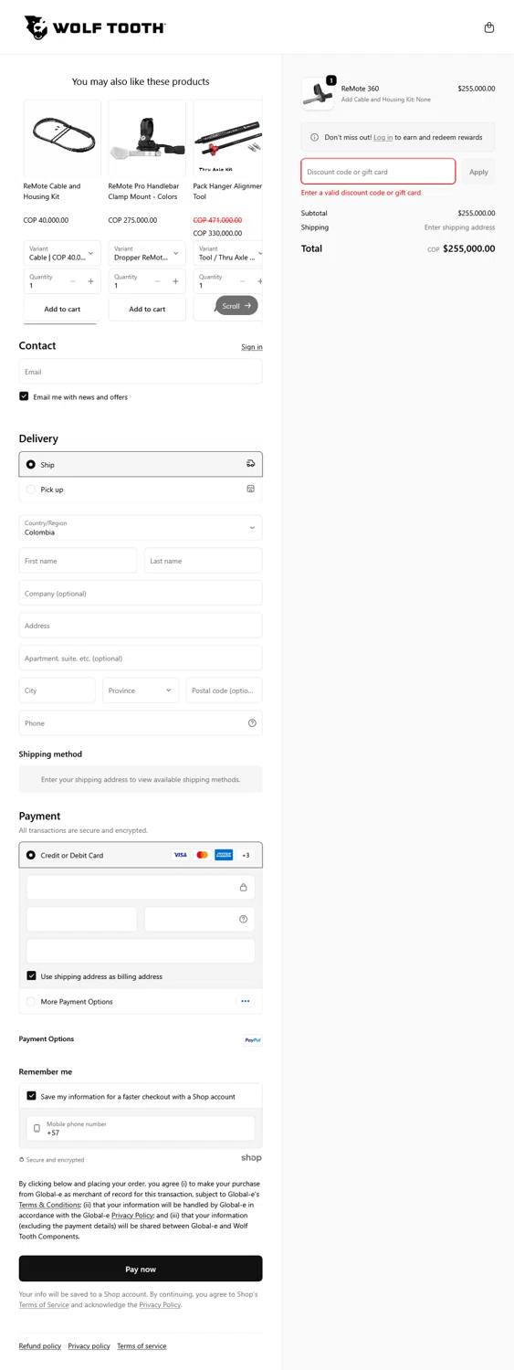 Wolf Tooth discount code screenshot showing code DROPPING applied at Wolf Tooth checkout page. Uploaded by SimplyCodes community member WladimirV on Dec 4, 2025