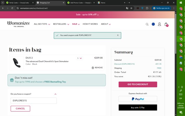 Womanizer checkout page showing Womanizer coupon code box | Screenshot taken by SimplyCodes community member on Aug 22, 2025