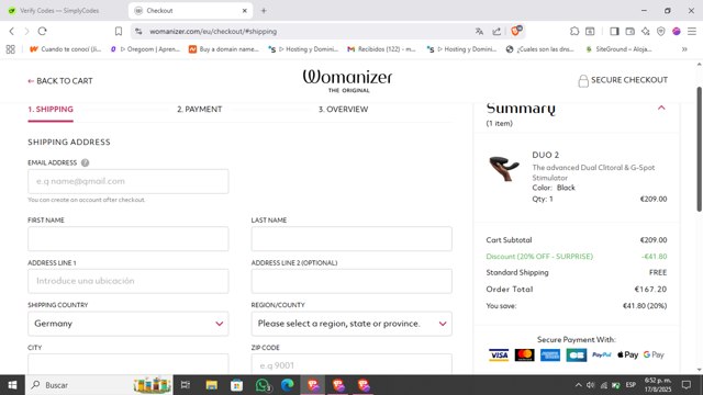 Womanizer checkout page showing Womanizer coupon code box | Screenshot taken by SimplyCodes community member on Aug 17, 2025