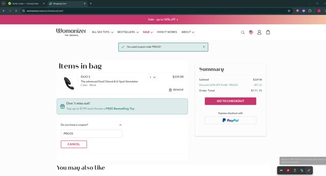 Womanizer checkout page showing Womanizer coupon code box | Screenshot taken by SimplyCodes community member on Aug 29, 2025