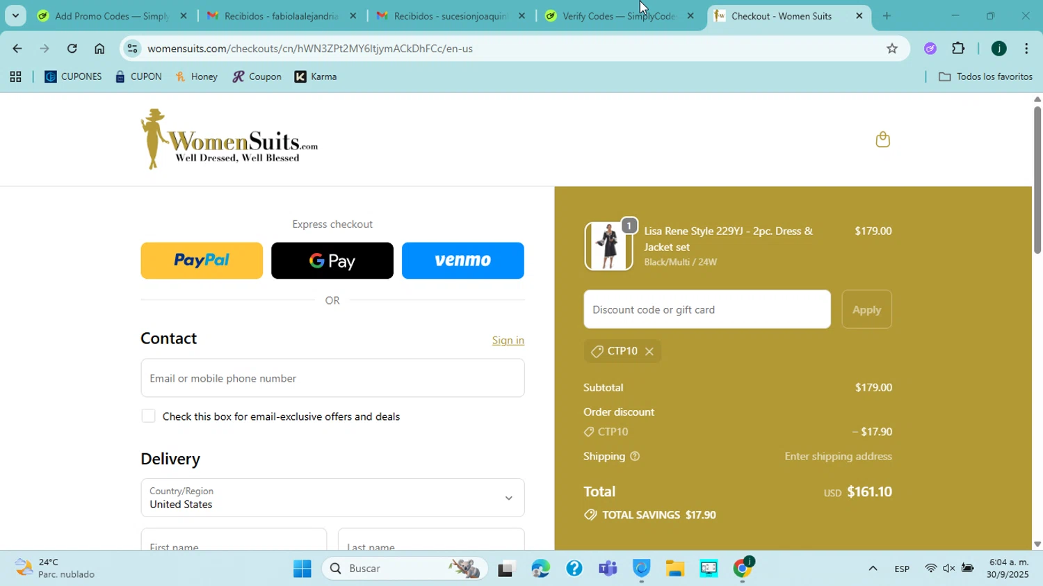 Womensuits.com promo code screenshot showing code CTP10 applied at Womensuits.com checkout page. Uploaded by SimplyCodes community member ABHF23 on Sep 30, 2025