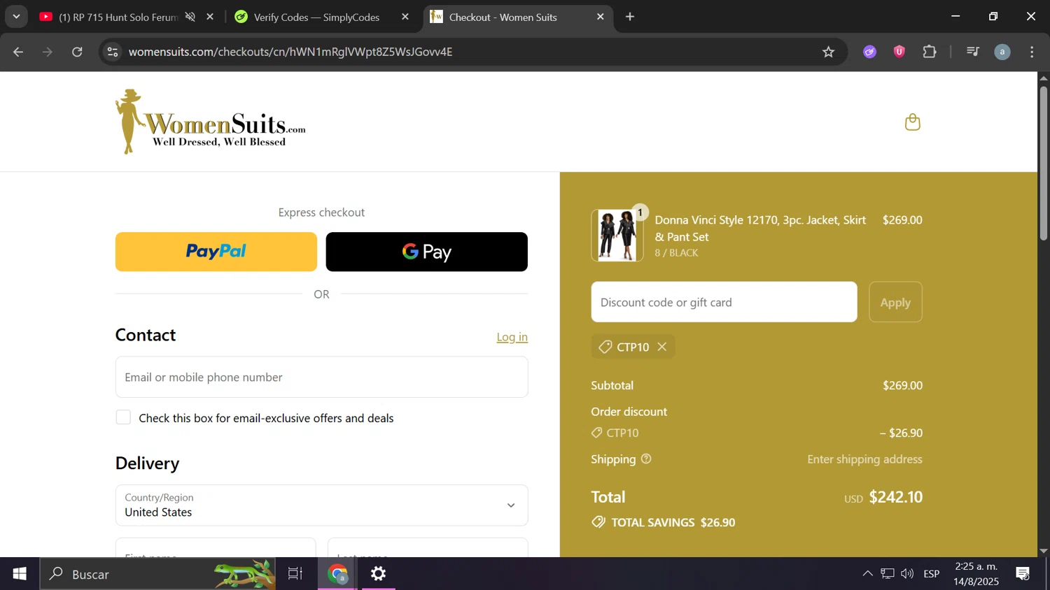 Womensuits.com promo code screenshot showing code CTP10 applied at Womensuits.com checkout page. Uploaded by SimplyCodes community member Frizk_1 on Aug 14, 2025