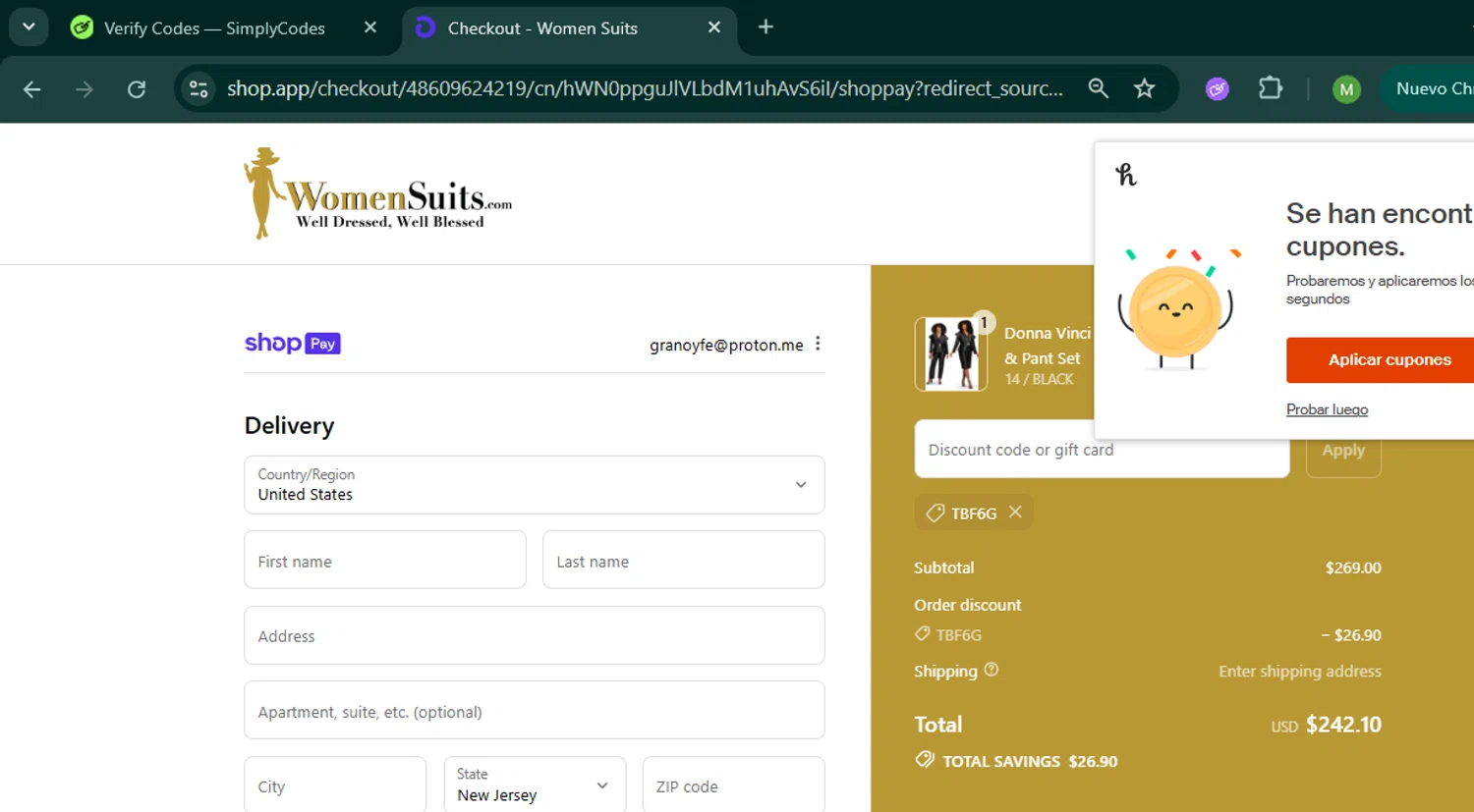 Womensuits.com promo code screenshot showing code TBF6G applied at Womensuits.com checkout page. Uploaded by SimplyCodes community member MARCVH on Jul 20, 2025